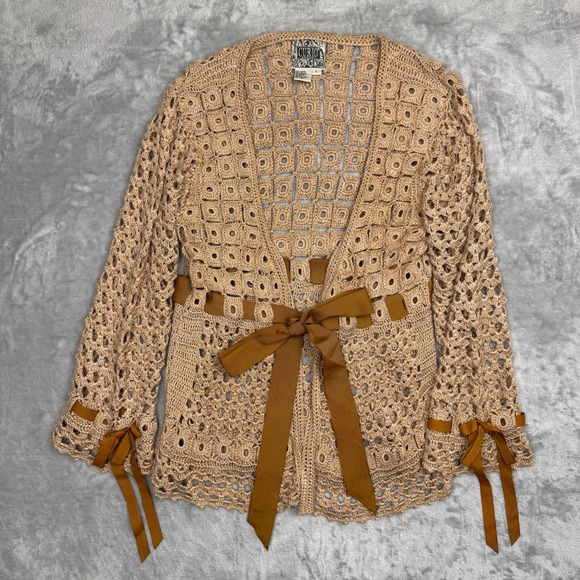 curio Sweaters - Vintage Anthropologie CURIO Beige Crochet Knit Granny Square Cardigan‎ Sweater L